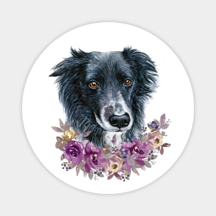 Cute Border Collie Puppy Dog with Flowers Illustration Art Magnet